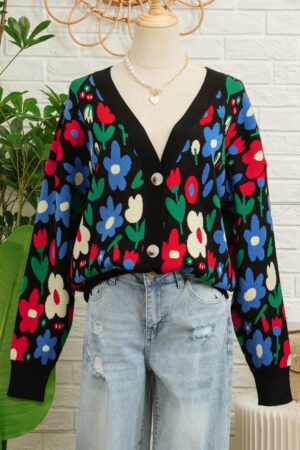 Black Floral Print V Neck Buttoned Short Cardigan Sweater - Image 14