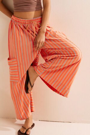 Orange Stripe Cropped Palazzo Pants with Pockets - Image 3