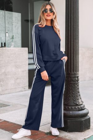 Dirty blue Varsity Striped Detail Crewneck Pullover Elastic Sweatpants 2pcs Outfit