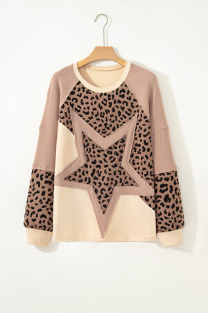 Light French Beige Leopard Star Color Block Patchwork Textured Baggy Sweatshirt - Image 5