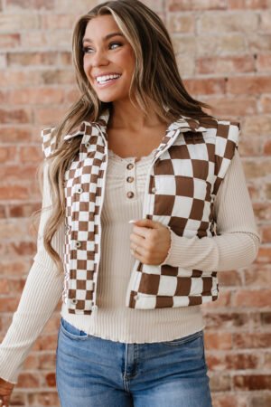 Brown Double Checked Stand Collar Cropped Puffer Vest - Image 14