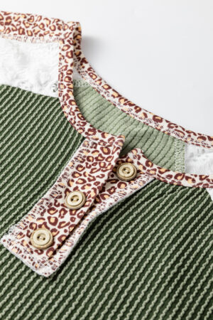 Vineyard Green Twisted Ribbed Leopard Lace Contrast Patchwork Long Sleeve Top - Image 10