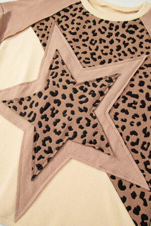 Light French Beige Leopard Star Color Block Patchwork Textured Baggy Sweatshirt - Image 8