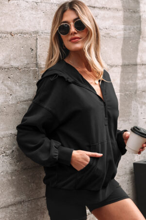 Black Half Zip Kangaroo Pocket Mineral Wash Baggy Hoodie - Image 14