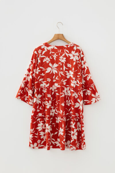 Alternative view of Red Boho Floral Print Lettuce Trim 3/4 Sleeve Mini Dress