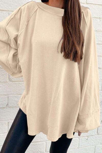 Beige Solid Color Raw Seam Patchwork Baggy Sweatshirt