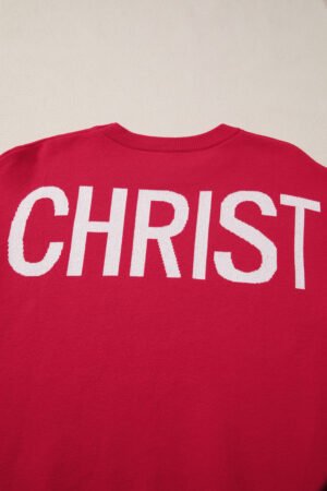 Fiery Red HO HO HO MERRY CHRISTMAS Drop Shoulder Loose Sweater - Image 9