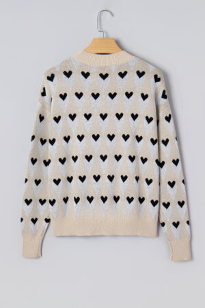 Parchment Geometric Heart Print Ribbed Trim Loose Sweater - Image 5
