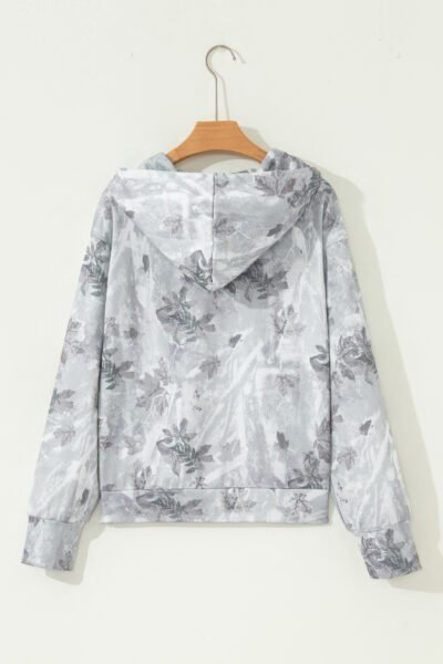 Alternative view of Gray Camo Leaf Print Kangaroo Pocket Quarter Zip Hoodie