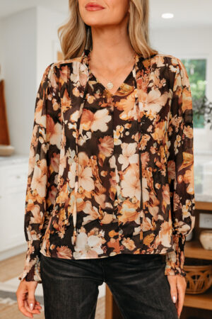 Black Floral V Neck Long Puff Sleeve Breezy Blouse - Image 10