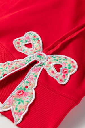 Fiery Red Floral Bow Patched Exposed Seam Patchwork Slit Baggy Sweatshirt - Image 11