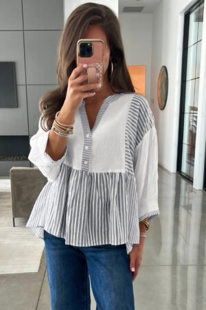 Gray Stripe Half Button Gauze Patchwork Bracelet Sleeve Babydoll Blouse - Image 3