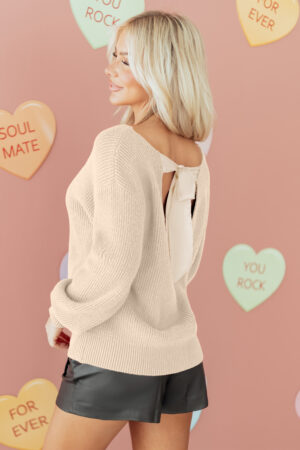 Jet Stream Ribbed Knit Ribbon Knot Backless Drop Shoulder Sweater - Image 13