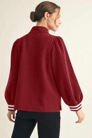 Racing Red Rhombus Textured Striped Patchwork Zip Neck Pullover Sweatshirt - Image 2