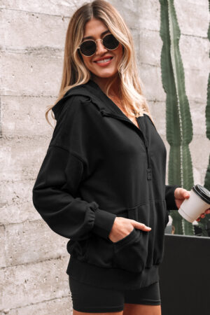 Black Half Zip Kangaroo Pocket Mineral Wash Baggy Hoodie - Image 16