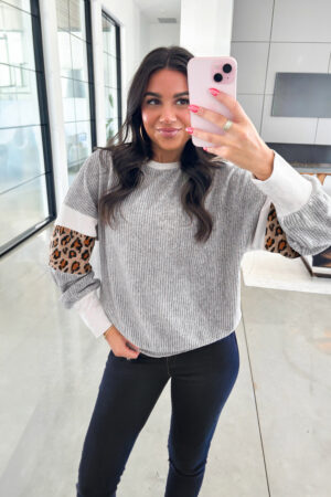 Alternative view of Gray Leopard Print Colorblock Patchwork Ribbed Knit Top