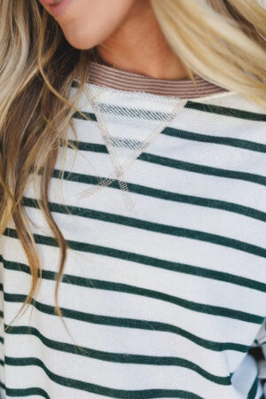 White Stripe Twisted Ribbed Patchwork Drop Shoulder Round Neck Sweatshirt - Image 4