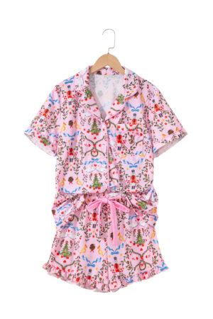 Pink Nutcracker Doll Christmas Print Ribbon Tie Waist Short 2pcs Pajama Set - Image 21