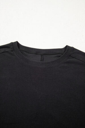 Black Solid Color Bow Textured Patchwork Long Sleeve Tee - Image 6
