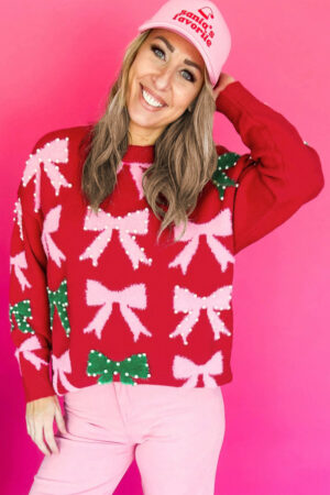 Fiery Red Bow Pearl Embellished Christmas Holiday Sweater - Image 3