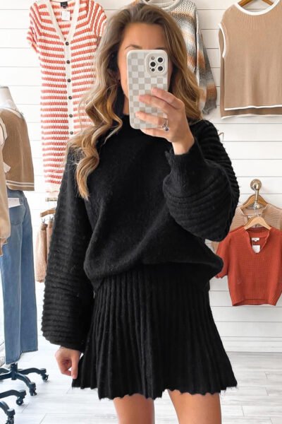 Black High Neck Puff Sleeve Sweater Pleated Mini Skirt 2pcs Knitted Outfit