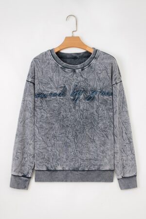 High-rise saved by grace Letter Embroidery Mineral Wash Loose Sweatshirt - Image 12