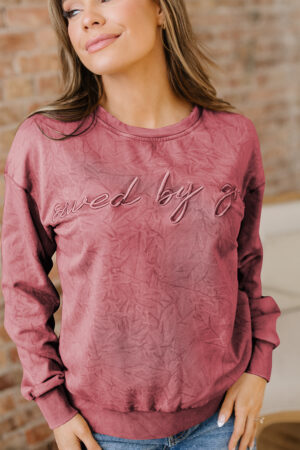 Mineral Red saved by grace Letter Embroidery Mineral Wash Loose Sweatshirt - Image 15