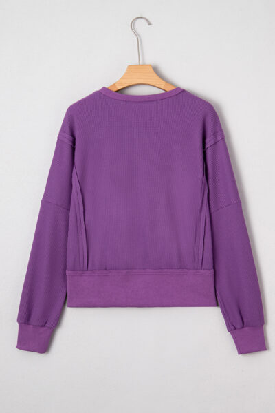 Alternative view of Orchid Mist Solid Color Raw Seam Patchwork Ribbed Drop Shoulder Sweatshirt