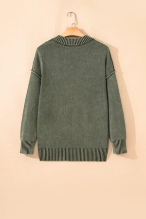 Four Leaf Clover Mineral Wash V Neck Knit Exposed Seam Drop Shoulder Loose Sweater - Image 6