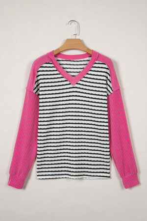 Black Stripe Textured Knit Twisted Rib Contrast Patchwork V Neck Long Sleeve Top - Image 3