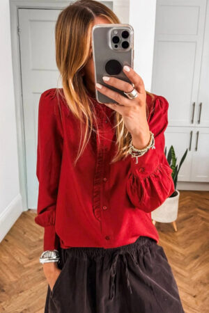 Fiery Red Frilled Trim Button Up Pleated Long Sleeve Shirt - Image 4