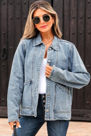 Myosotis Scallop Trim Collar Patched Pocket Button Up Mineral Washed Denim Jacket