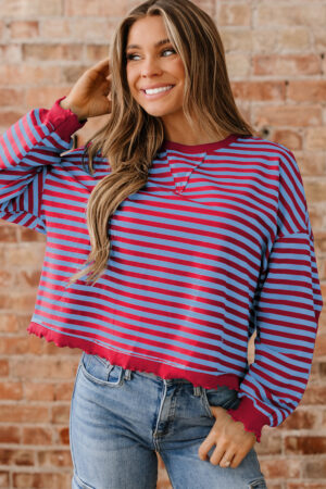 Red Stripe Exposed Seam Contrast Ribbed Trim Oversize Sweatshirt - Image 10