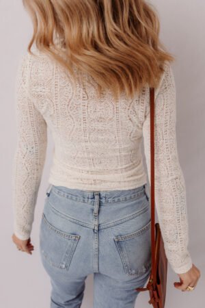 Jet Stream Semi Sheer Lace Long Sleeve Cropped Top - Image 2