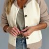 White Color Block Ribbed Knit Button Down Sweater Cardigan