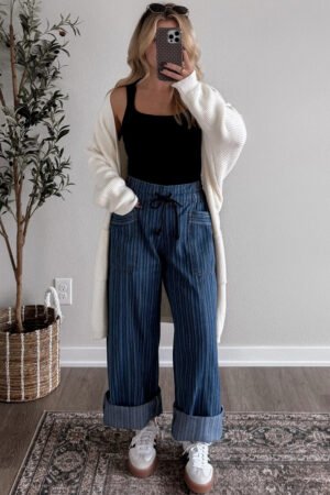 Blue Stripe Contrasted Drawstring Pocketed Loose Jeans - Image 6