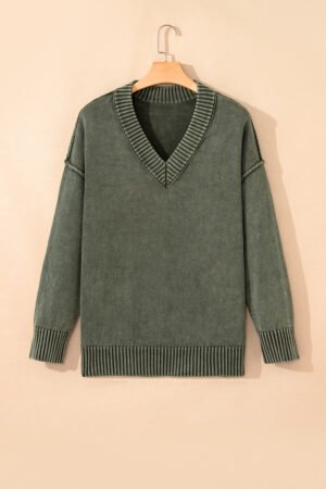 Four Leaf Clover Mineral Wash V Neck Knit Exposed Seam Drop Shoulder Loose Sweater - Image 5
