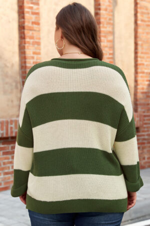 Green Stripe Colorblock Notched Neck Plus Size Sweater - Image 10