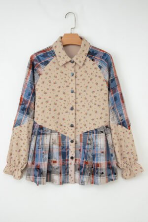 Ashleigh Blue Boho Floral Plaid Patchwork Distressed Detail Ruffled Sleeve Waffle Knit Shacket - Image 5