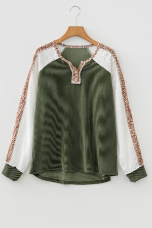 Vineyard Green Twisted Ribbed Leopard Lace Contrast Patchwork Long Sleeve Top - Image 4