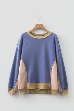 Wild Wind Color Block Mix Texture Waffle Patchwork Oversize Sweatshirt - Image 3