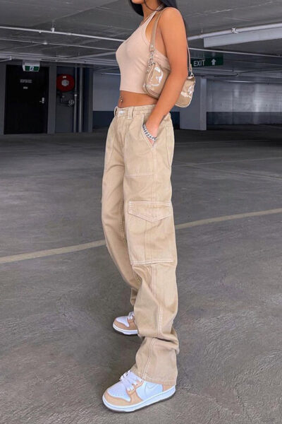 Alternative view of Light khaki Denim Cargo Pants with Elastic Waist Design