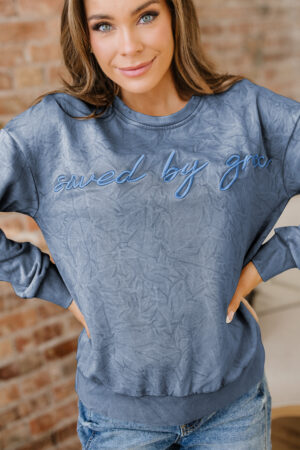 Real Teal saved by grace Letter Embroidery Mineral Wash Loose Sweatshirt - Image 13