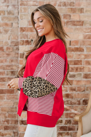Racing Red Striped Patchwork Sleeve Colorblock Sweatshirt - Image 3