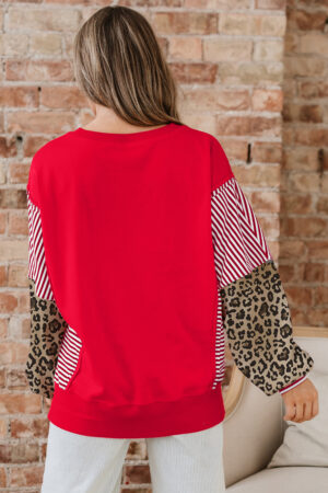 Racing Red Striped Patchwork Sleeve Colorblock Sweatshirt - Image 2