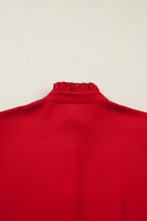 Fiery Red Frilled Trim Button Up Pleated Long Sleeve Shirt - Image 15