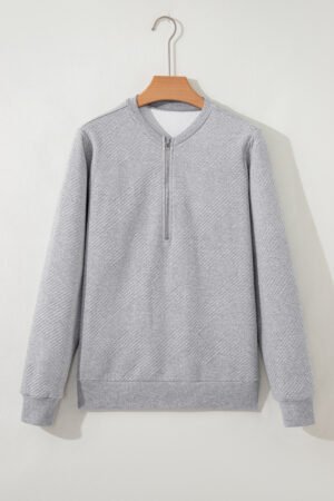 Medium Grey Trendy Textured Half Zip Loose Sweatshirt - Image 4