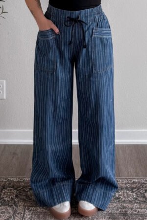Blue Stripe Contrasted Drawstring Pocketed Loose Jeans - Image 3