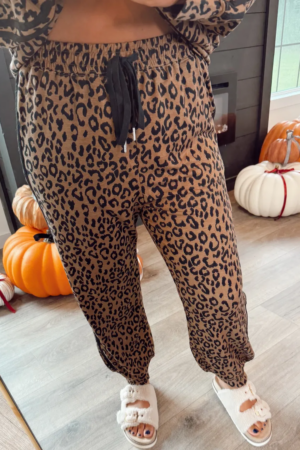 Brown Varsity Striped Trim Leopard Long Sleeve Top Drawstring Pant Set - Image 7