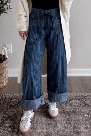 Blue Stripe Contrasted Drawstring Pocketed Loose Jeans - Image 4